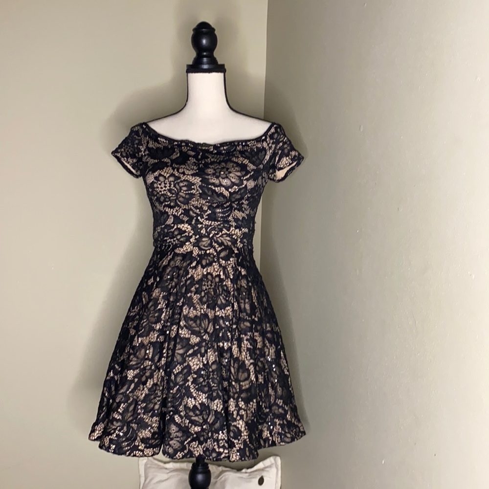 Off the shoulder black and nude dress by B Darlin